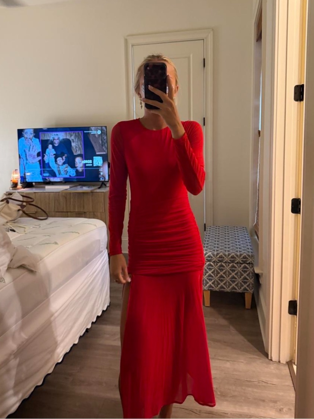 Zara Red Long-Sleeve Ruched Maxi Dress